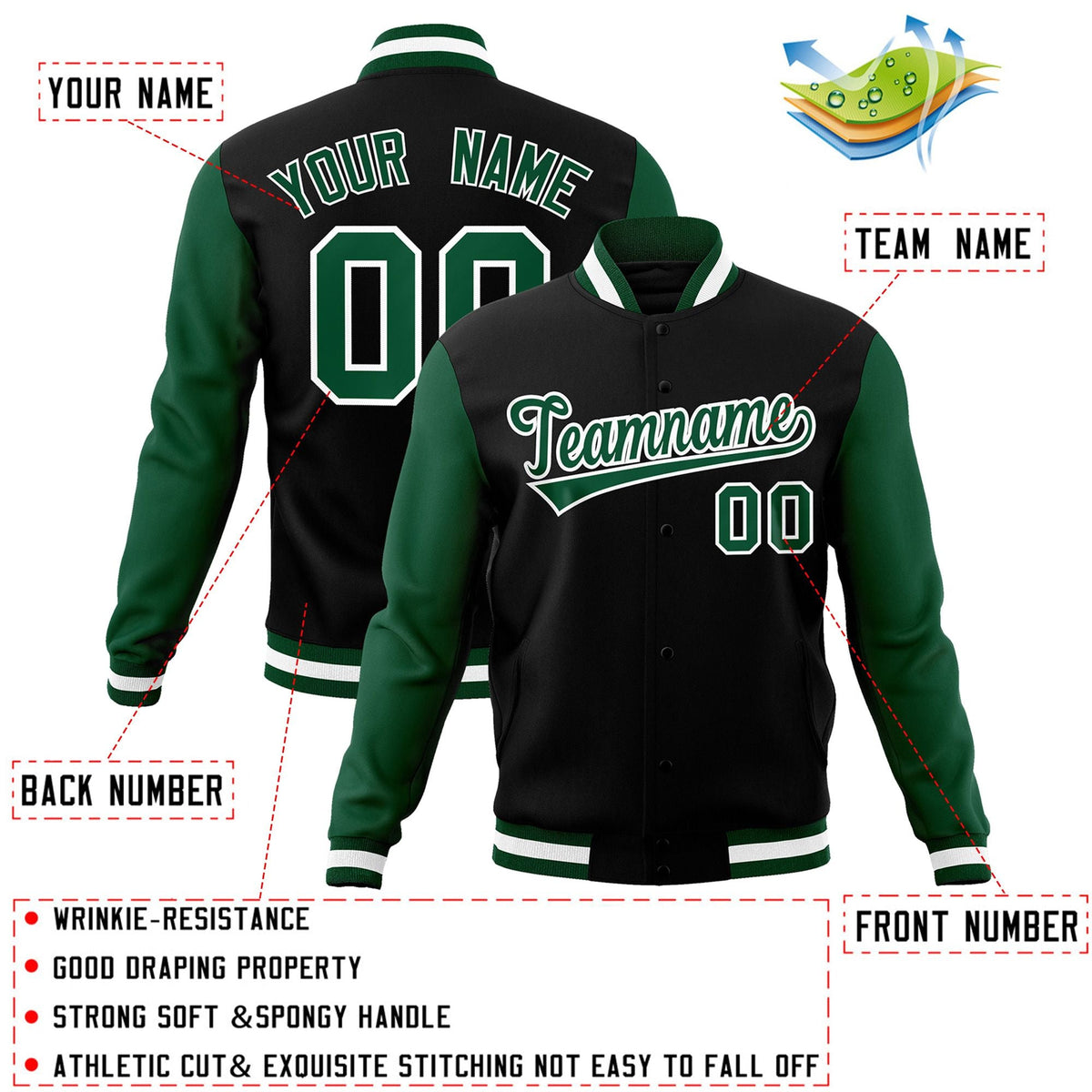 Custom Black White-Black Raglan Sleeves Varsity Full-Snap Letterman Jacket | KXKSHOP