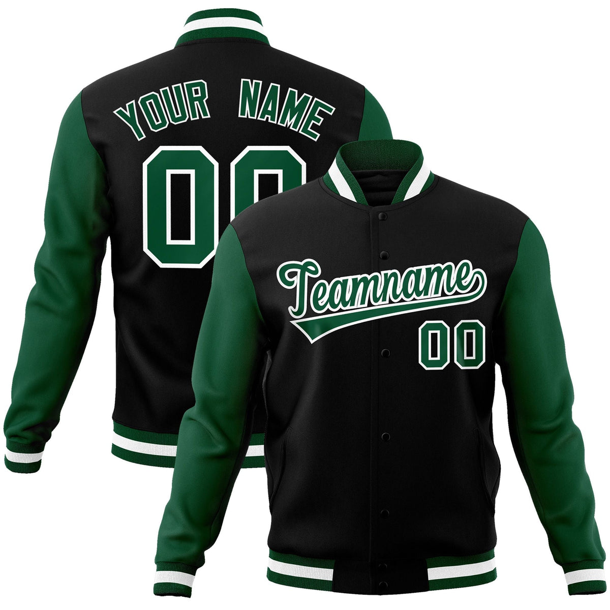 Custom Black Green-White Raglan Sleeves Varsity Full-Snap Letterman Jacket | KXKSHOP