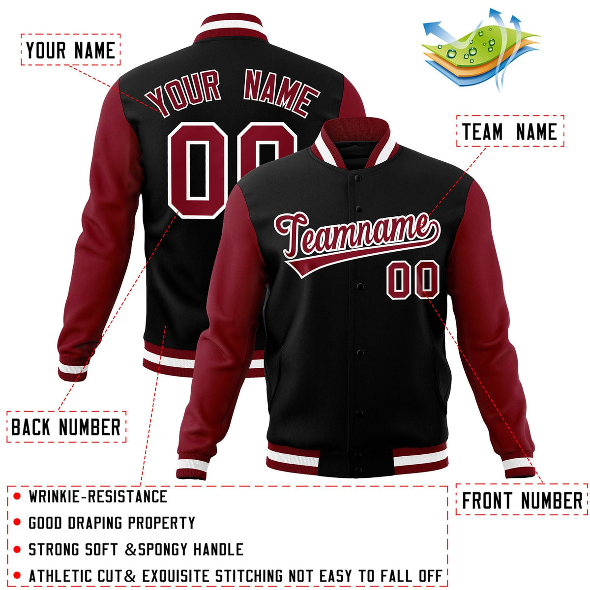 Custom Black White-Black Raglan Sleeves Varsity Full-Snap Letterman Jacket | KXKSHOP