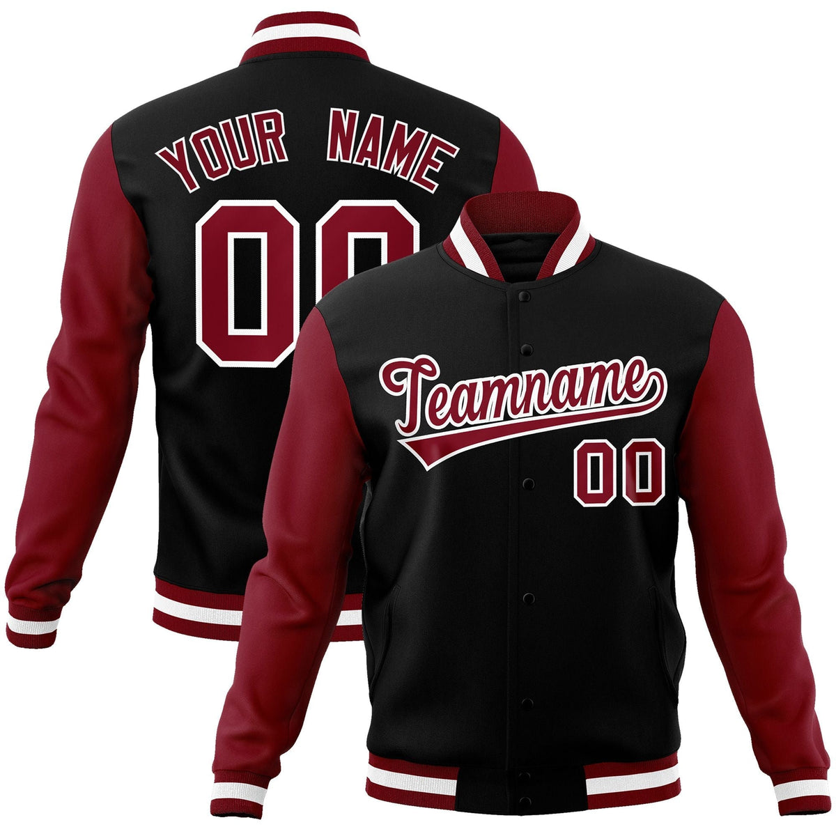 Custom Black Crimson-White Raglan Sleeves Varsity Full-Snap Letterman Jacket | KXKSHOP
