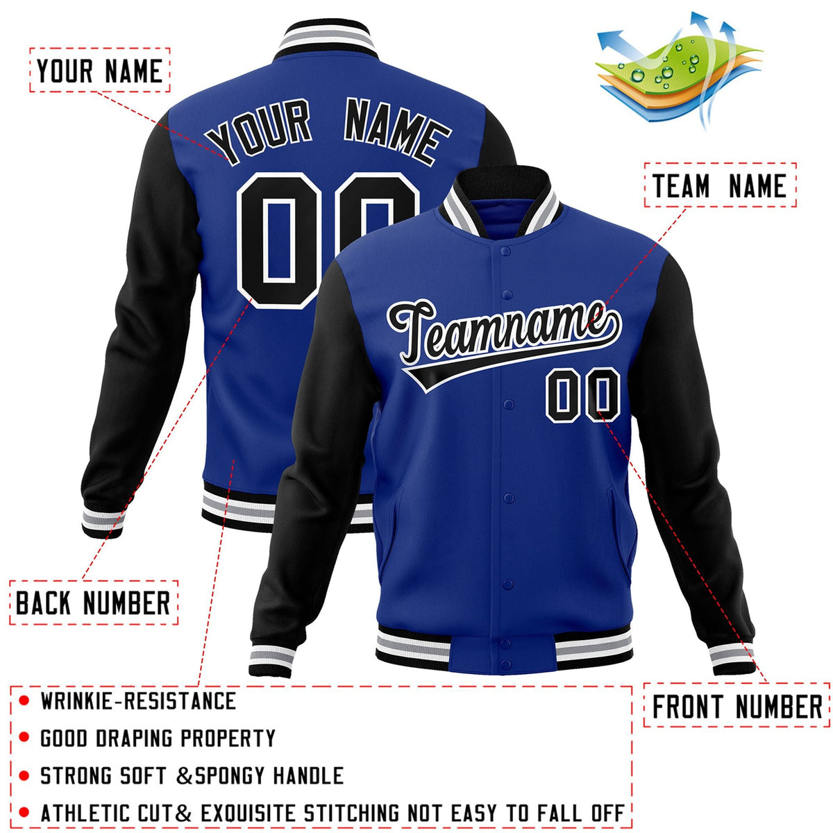 Custom Black White-Black Raglan Sleeves Varsity Full-Snap Letterman Jacket | KXKSHOP