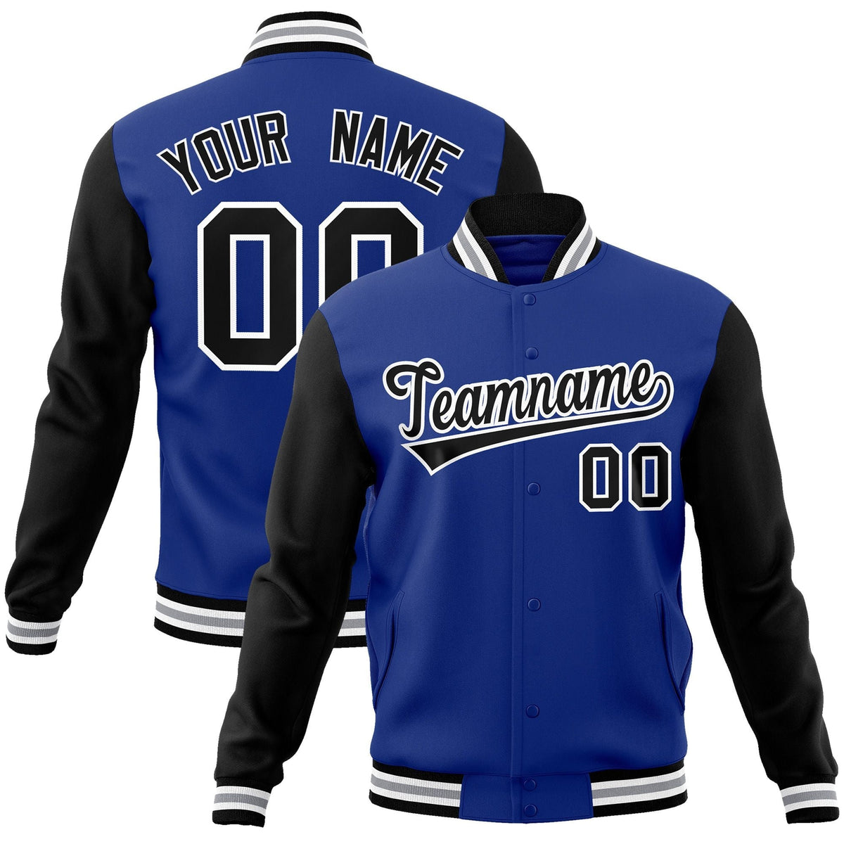 Custom Royal Black-White Raglan Sleeves Varsity Full-Snap Letterman Jacket | KXKSHOP