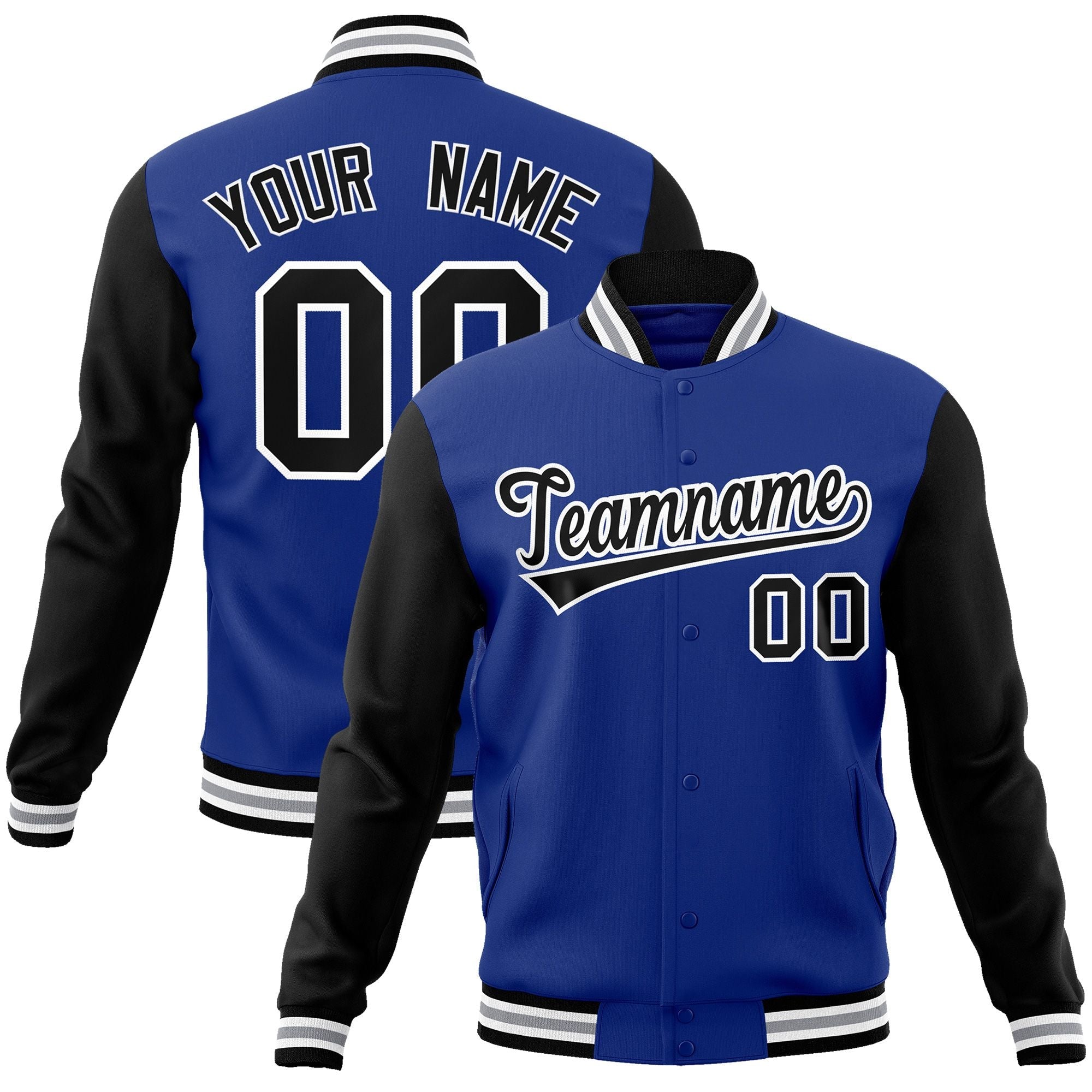 Custom Royal Black-White Raglan Sleeves Varsity Full-Snap Letterman Jacket | KXKSHOP