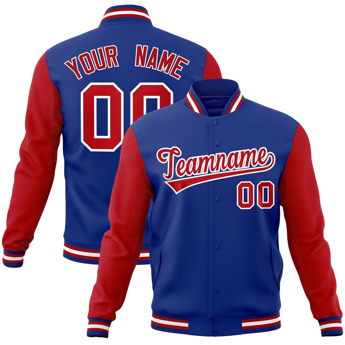 Custom Royal Red-White Raglan Sleeves Varsity Full-Snap Letterman Jacket | KXKSHOP