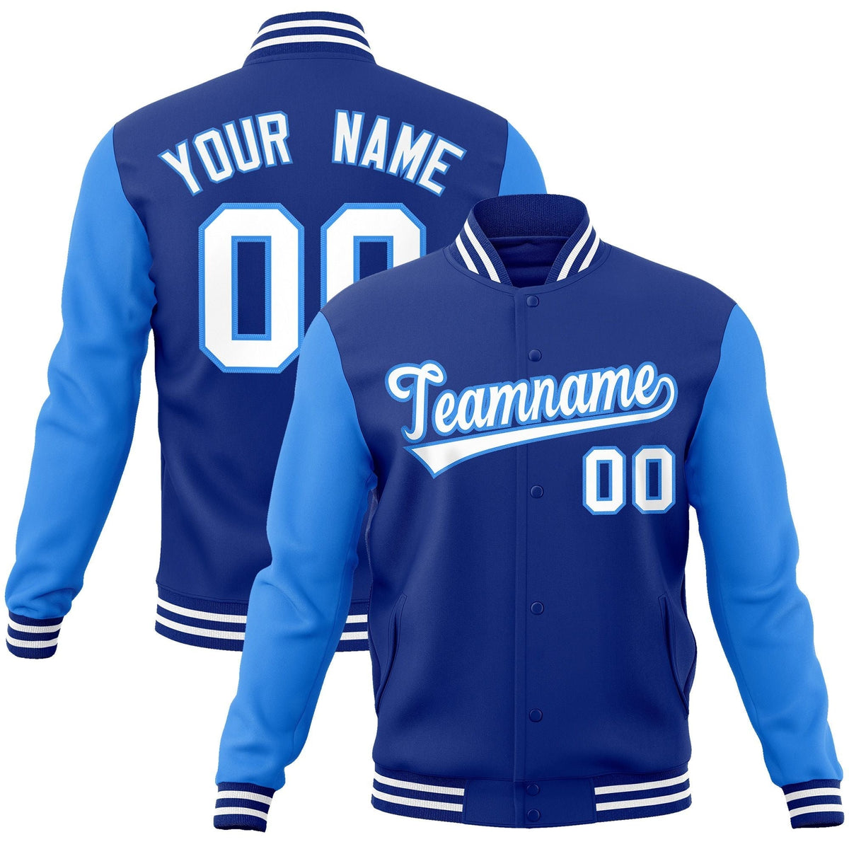 Custom Royal White-Powder Blue Raglan Sleeves Varsity Full-Snap Letterman Jacket | KXKSHOP