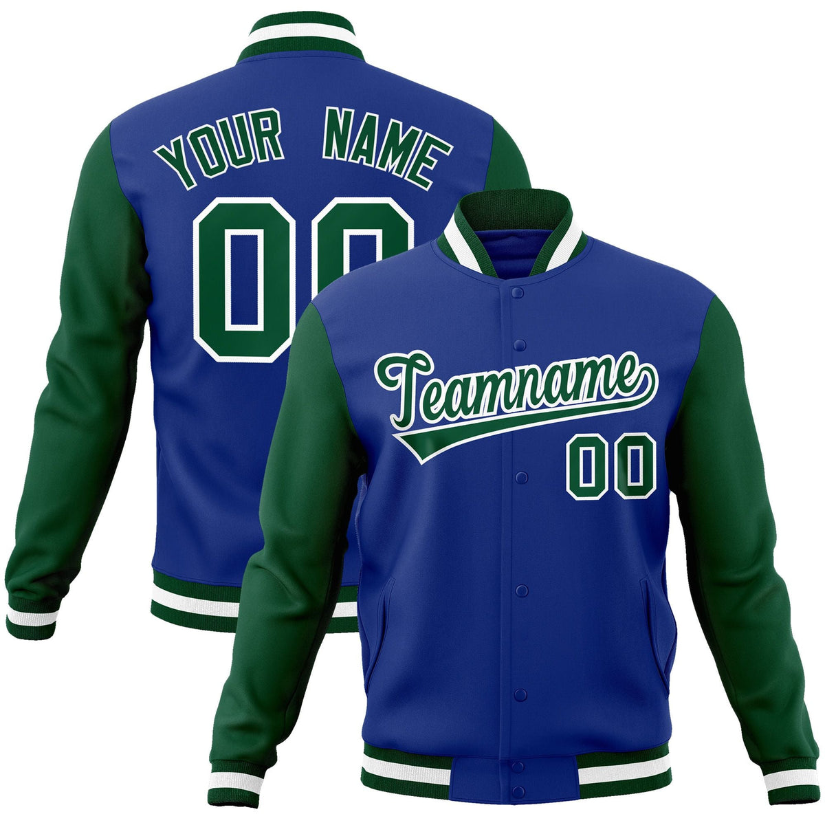 Custom Royal Green-White Raglan Sleeves Varsity Full-Snap Letterman Jacket | KXKSHOP