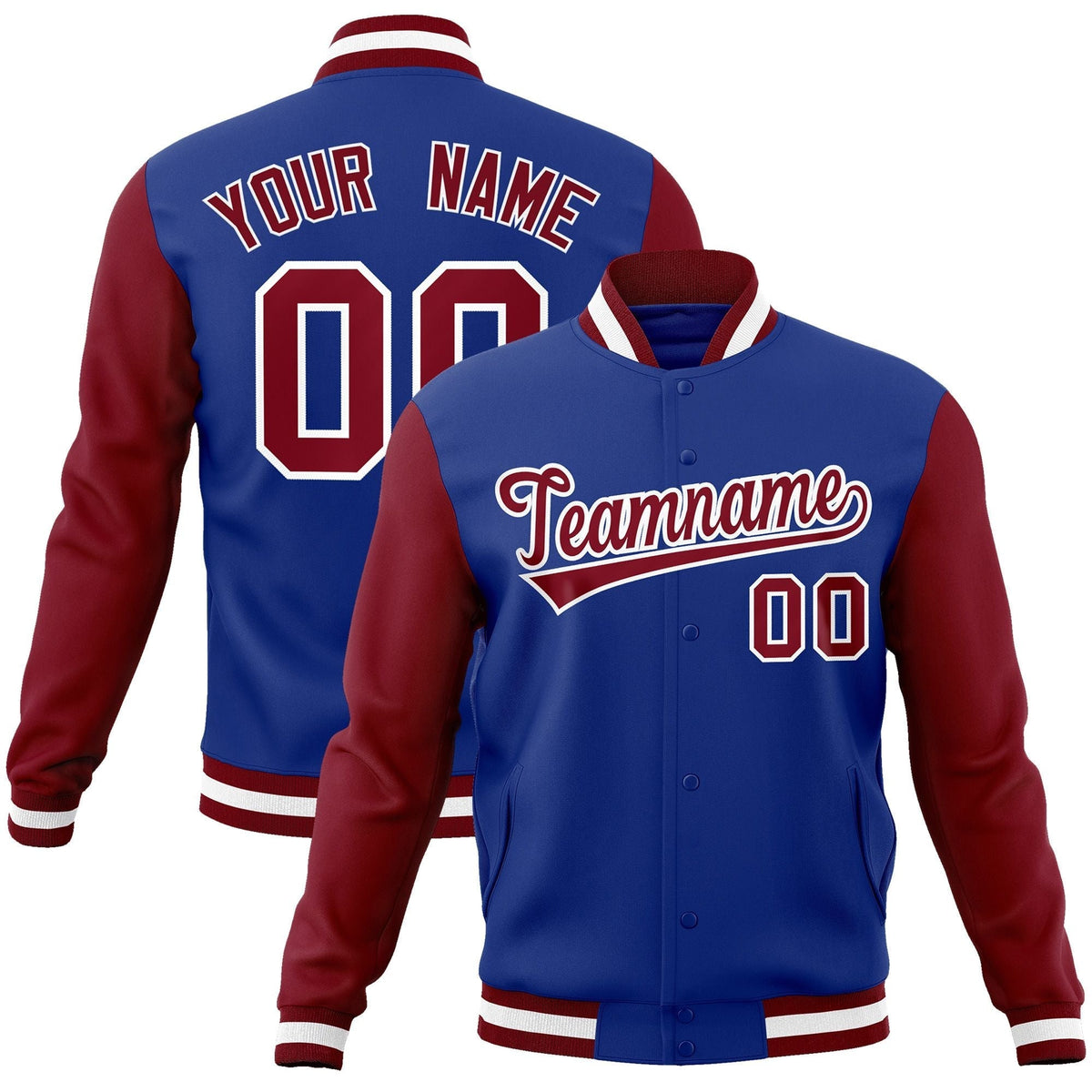 Custom Royal Crimson-White Raglan Sleeves Varsity Full-Snap Letterman Jacket | KXKSHOP