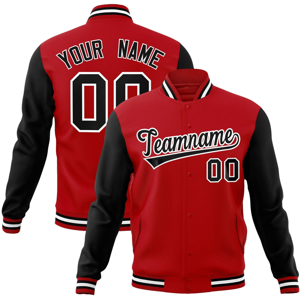 Custom Red Black-White Raglan Sleeves Varsity Full-Snap Letterman Jacket | KXKSHOP