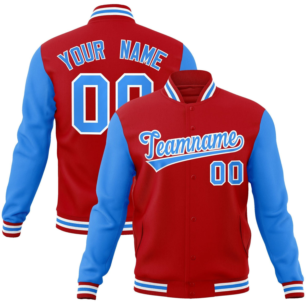Custom Red Powder Blue-White Raglan Sleeves Varsity Full-Snap Letterman Jacket | KXKSHOP
