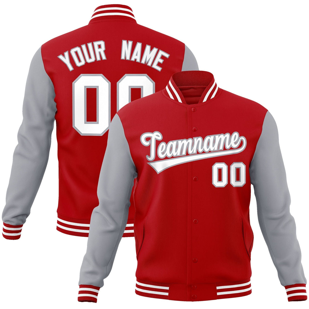 Custom Red White-Gray Raglan Sleeves Varsity Full-Snap Letterman Jacket | KXKSHOP