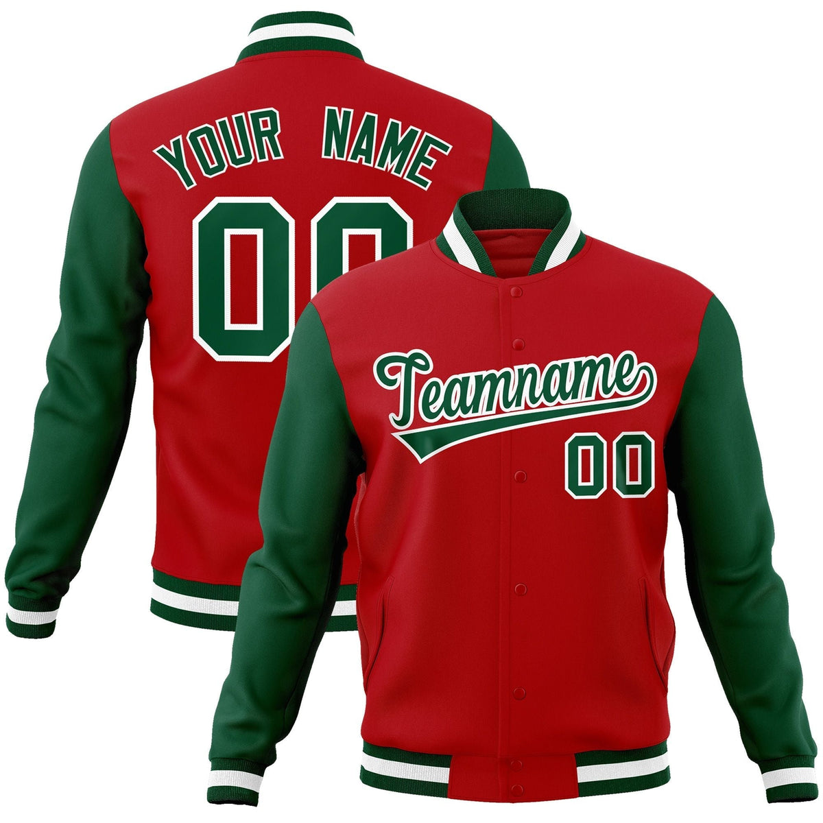 Custom Red Green-White Raglan Sleeves Varsity Full-Snap Letterman Jacket | KXKSHOP