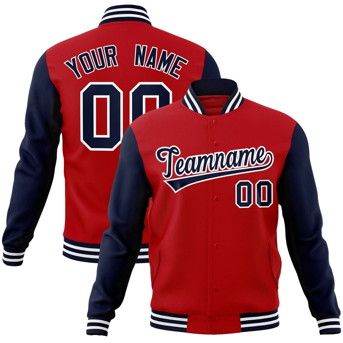 Custom Red Navy-White Raglan Sleeves Varsity Full-Snap Letterman Jacket | KXKSHOP