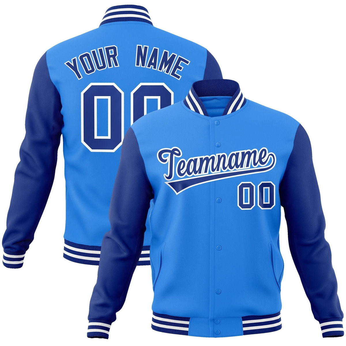 Custom Powder Blue Royal-White Raglan Sleeves Varsity Full-Snap Letterman Jacket | KXKSHOP