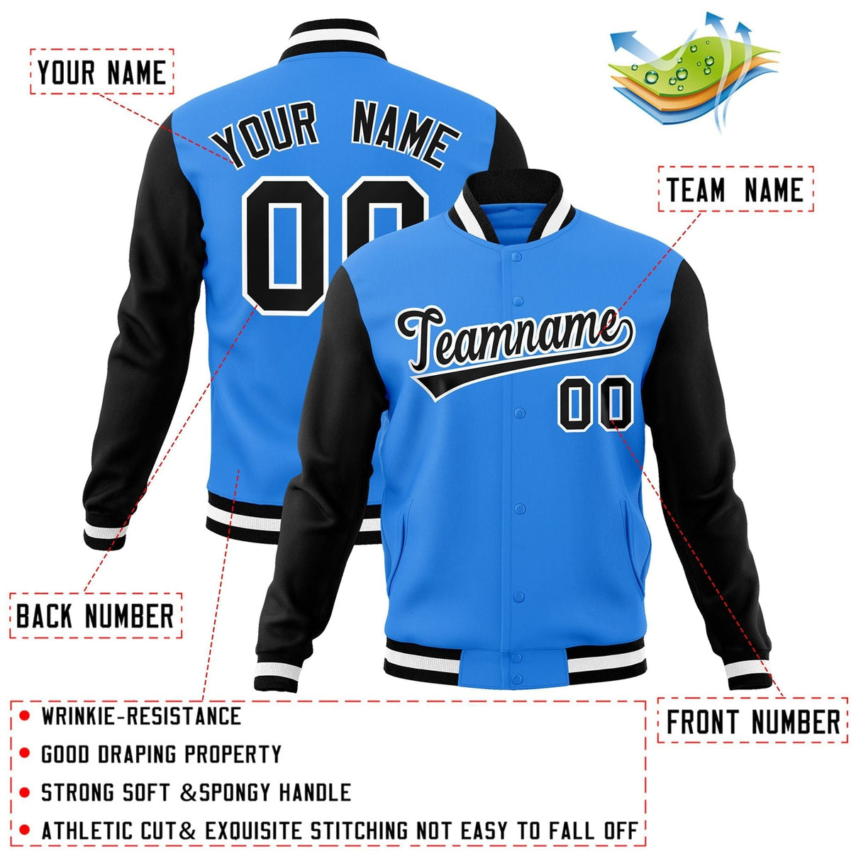 Custom Black White-Black Raglan Sleeves Varsity Full-Snap Letterman Jacket | KXKSHOP