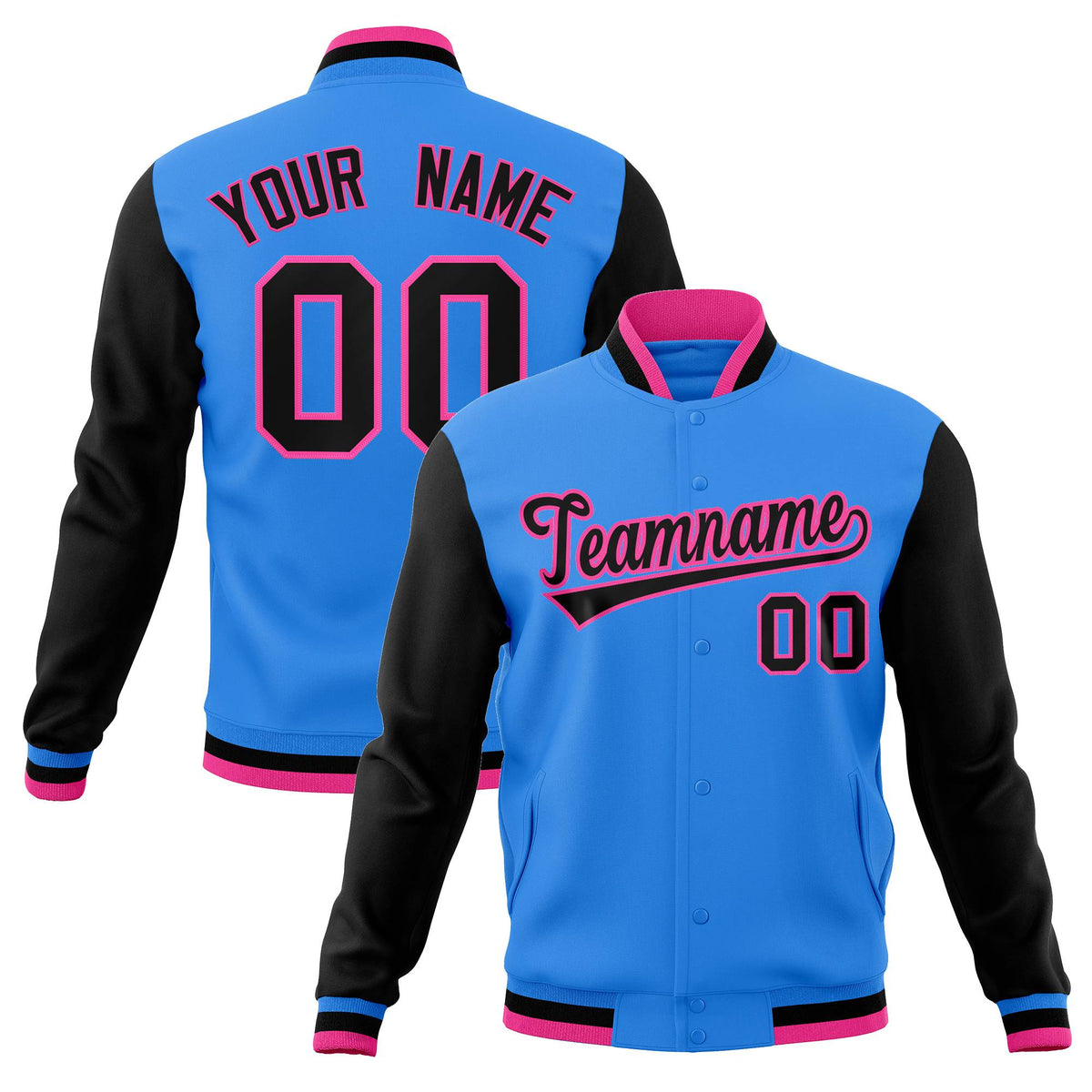 Custom Powder Blue Black-Pink Raglan Sleeves Varsity Full-Snap Letterman Jacket | KXKSHOP