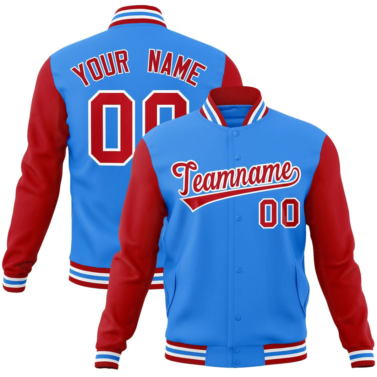 Custom Powder Blue Red-White Raglan Sleeves Varsity Full-Snap Letterman Jacket | KXKSHOP