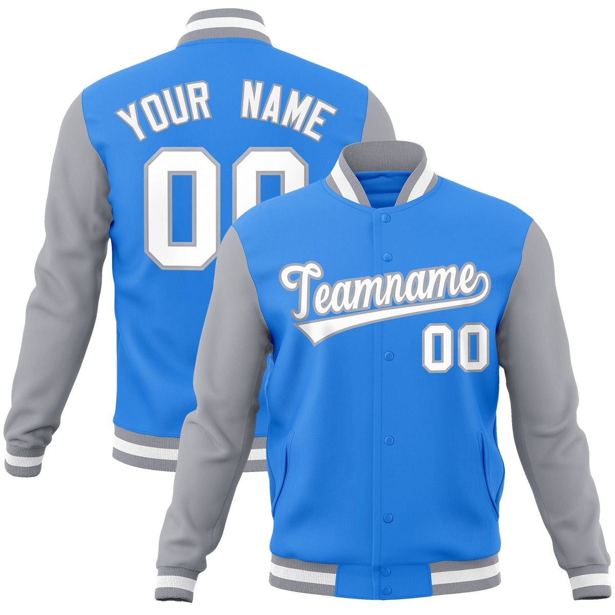 Custom Powder Blue White-Gray Raglan Sleeves Varsity Full-Snap Letterman Jacket | KXKSHOP