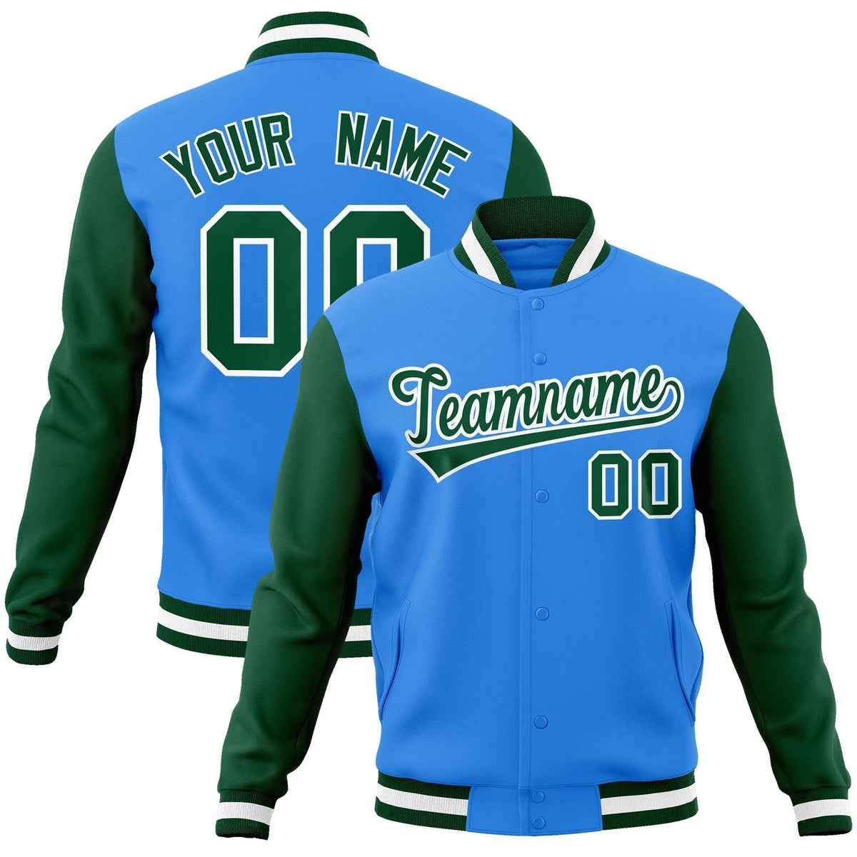 Custom Powder Blue Green-White Raglan Sleeves Varsity Full-Snap Letterman Jacket | KXKSHOP