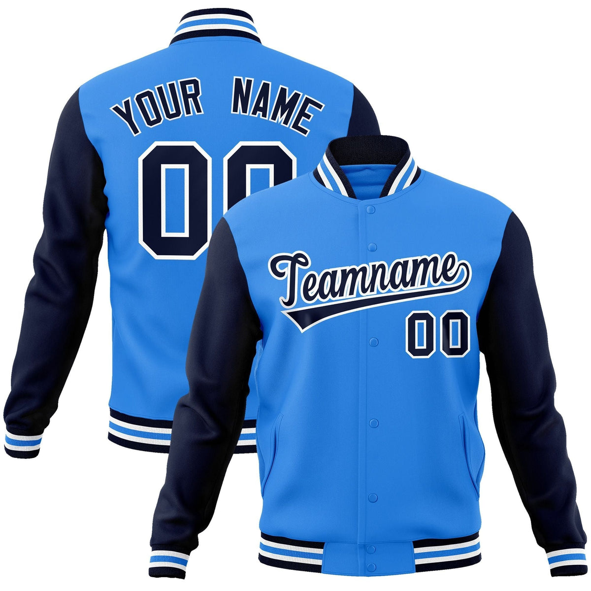 Custom Powder Blue Navy-White Raglan Sleeves Varsity Full-Snap Letterman Jacket | KXKSHOP