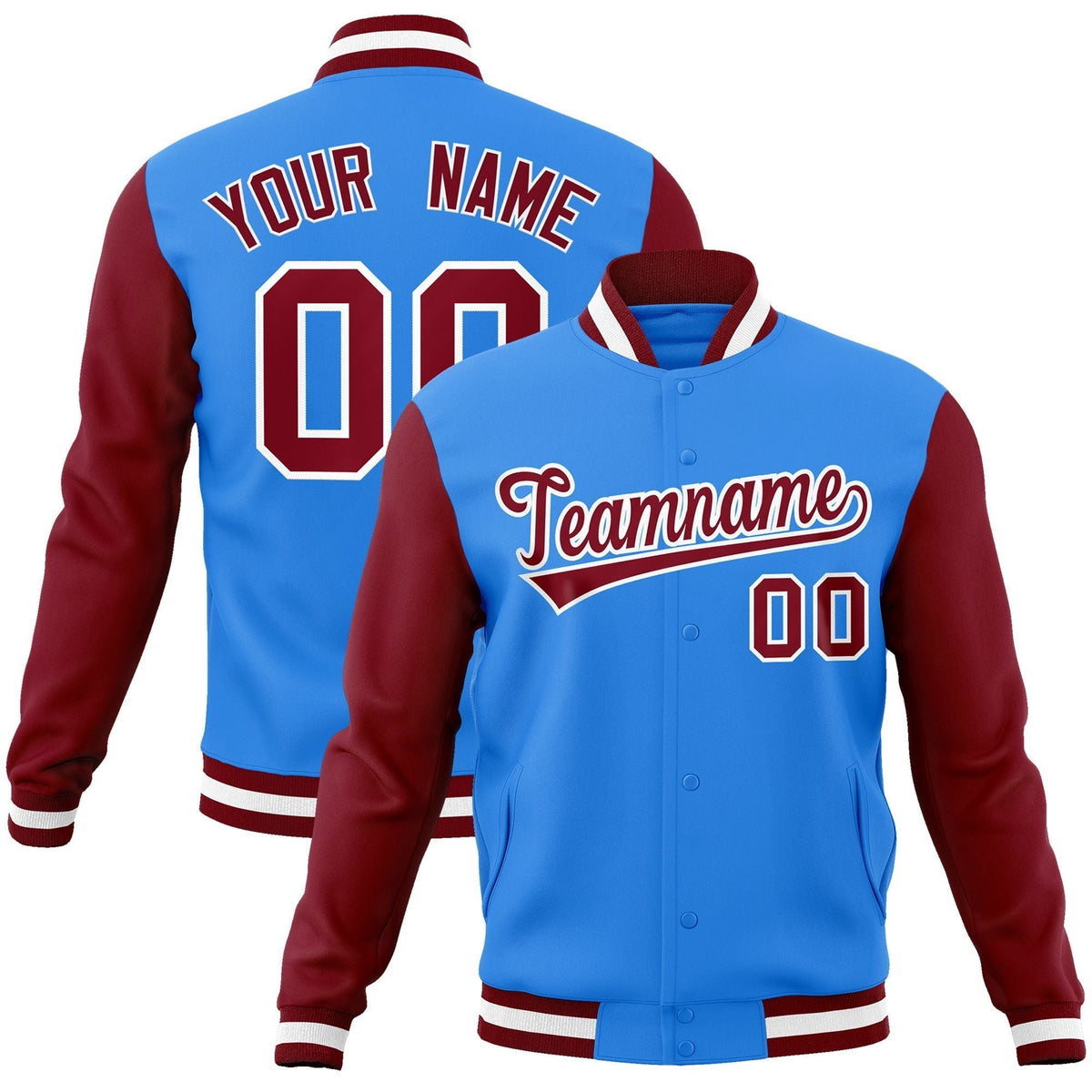Custom Powder Blue Crimson-White Raglan Sleeves Varsity Full-Snap Letterman Jacket | KXKSHOP