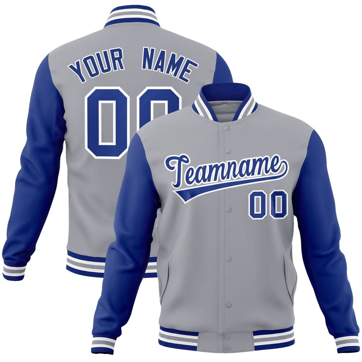 Custom Gray Royal-White Raglan Sleeves Varsity Full-Snap Letterman Jacket | KXKSHOP