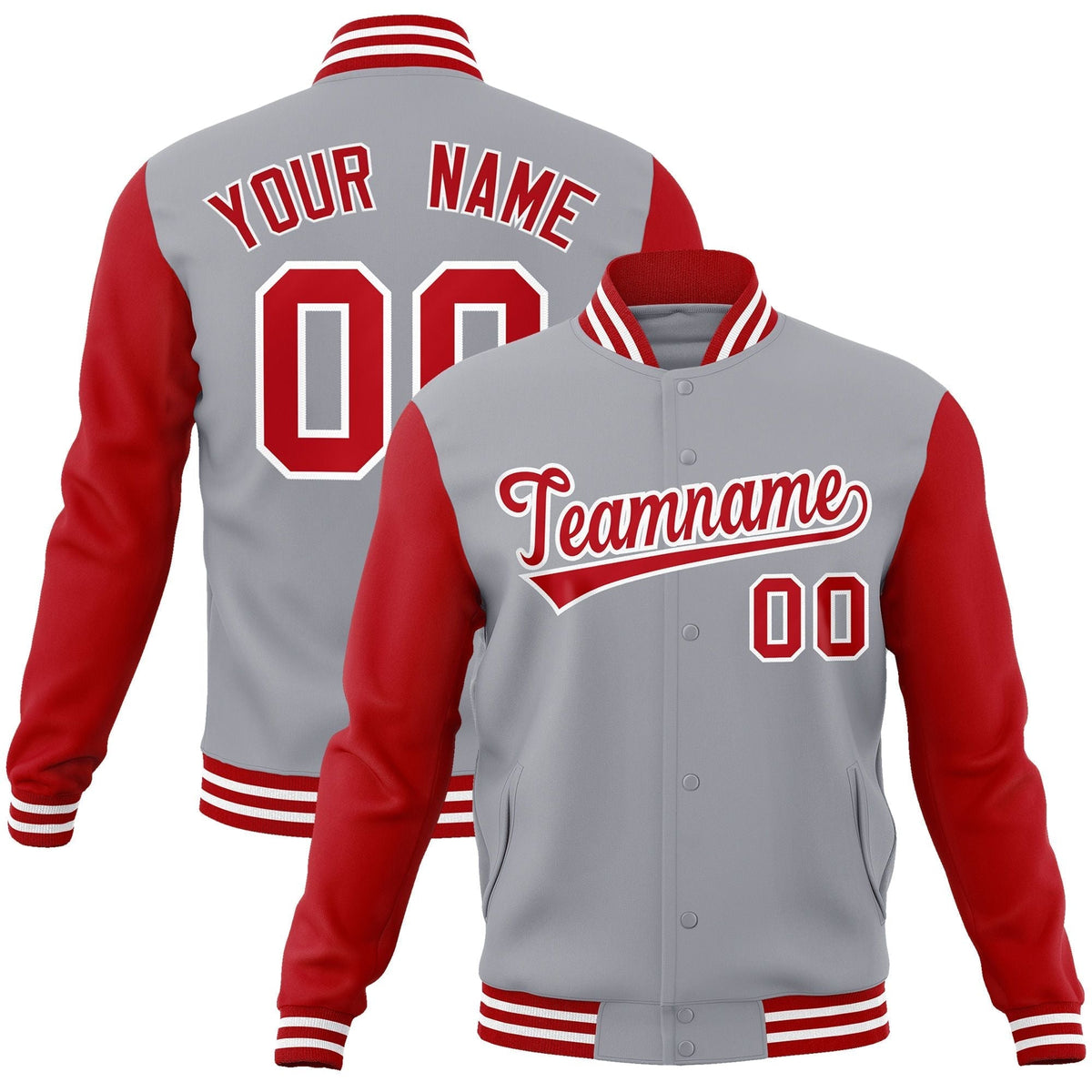Custom Gray Red-White Raglan Sleeves Varsity Full-Snap Letterman Jacket | KXKSHOP