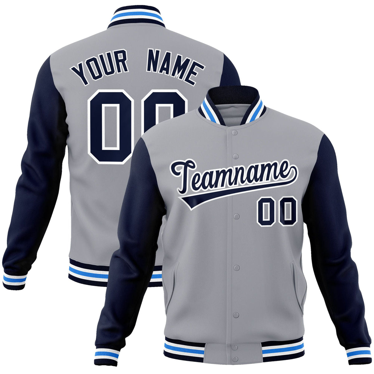 Custom Gray Navy-White Raglan Sleeves Varsity Full-Snap Letterman Jacket | KXKSHOP