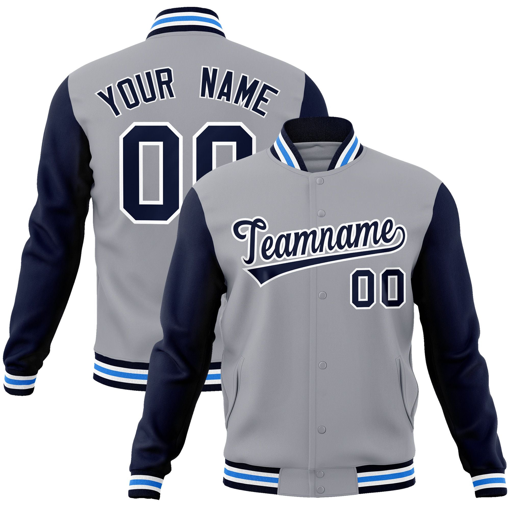 Custom Gray Navy-White Raglan Sleeves Varsity Full-Snap Letterman Jacket | KXKSHOP