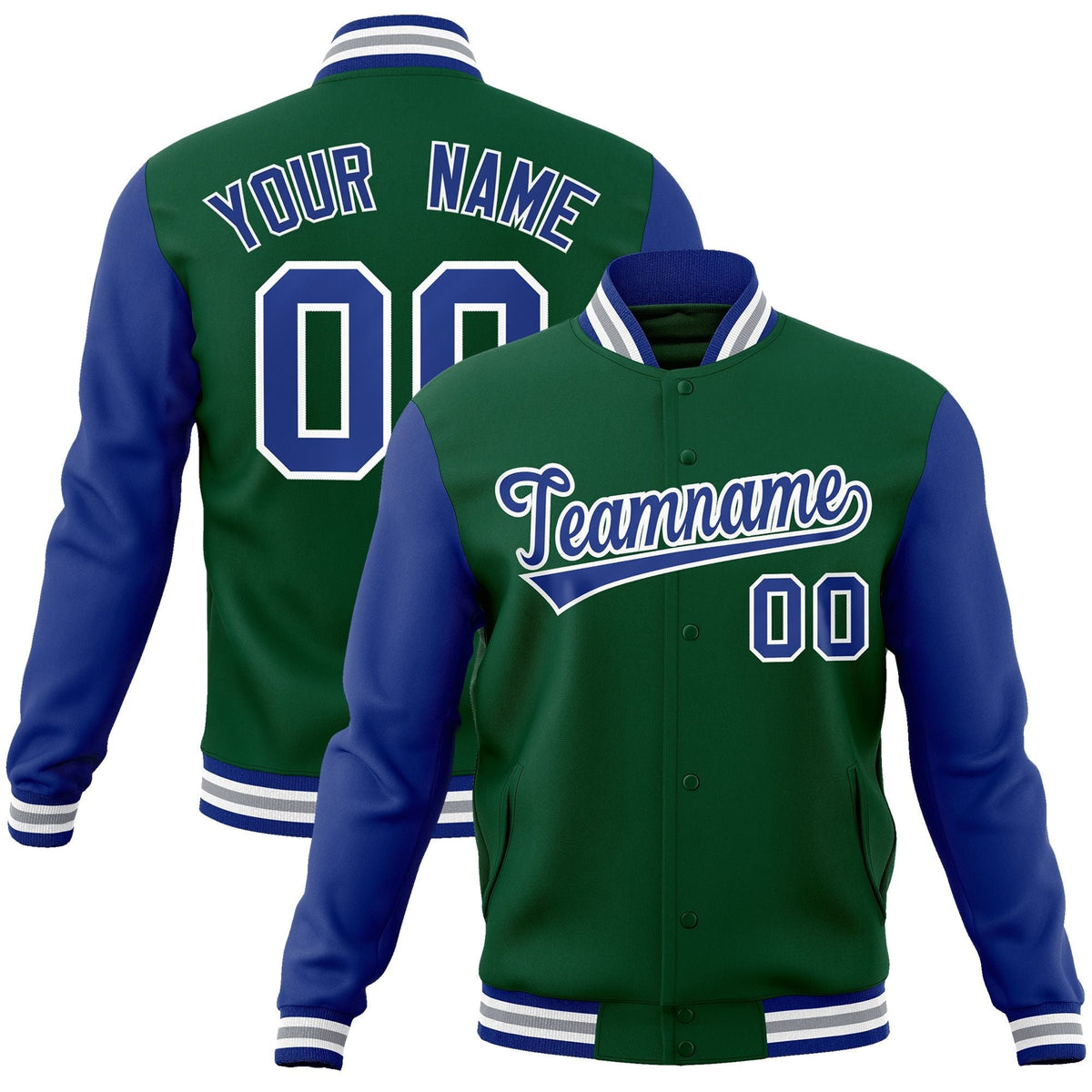Custom Green Royal-White Raglan Sleeves Varsity Full-Snap Letterman Jacket | KXKSHOP