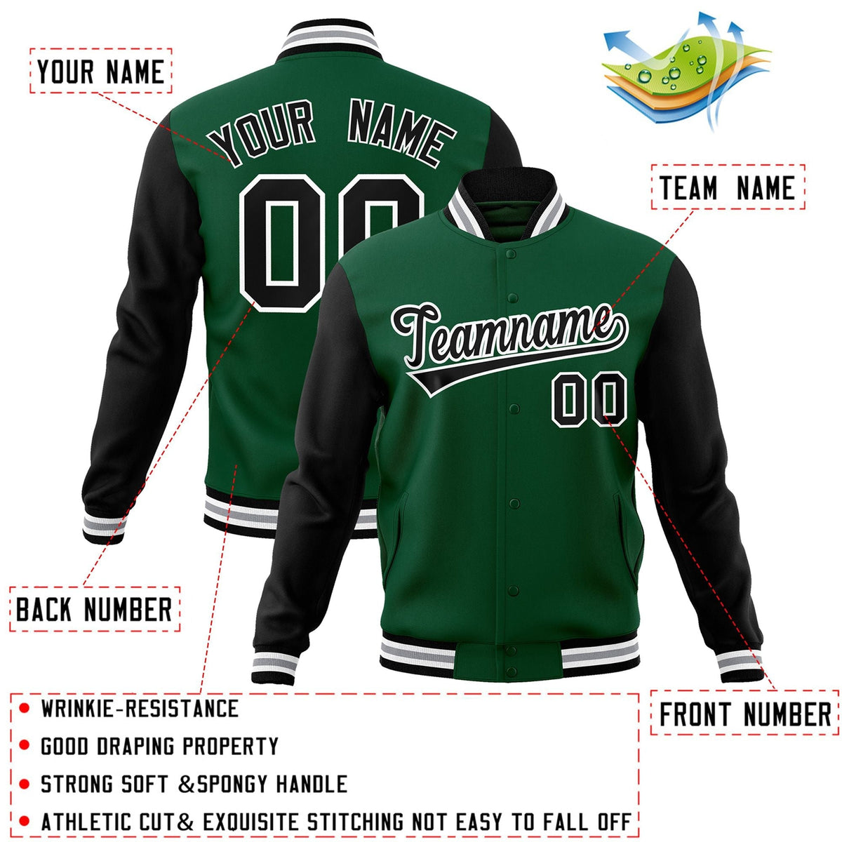 Custom Black White-Black Raglan Sleeves Varsity Full-Snap Letterman Jacket | KXKSHOP