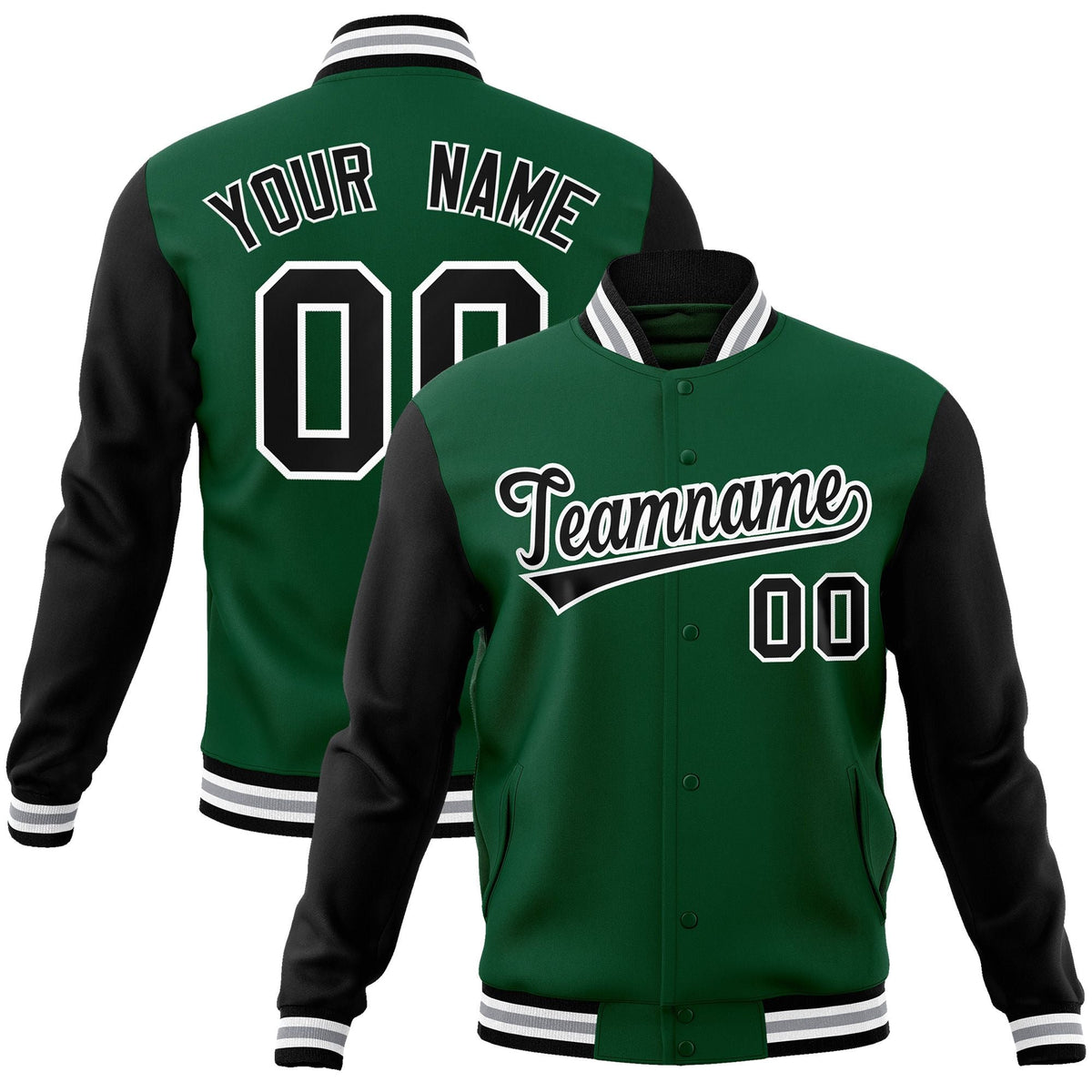 Custom Green Black-White Raglan Sleeves Varsity Full-Snap Letterman Jacket | KXKSHOP