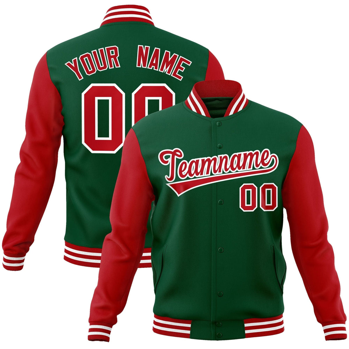 Custom Green Red-White Raglan Sleeves Varsity Full-Snap Letterman Jacket | KXKSHOP