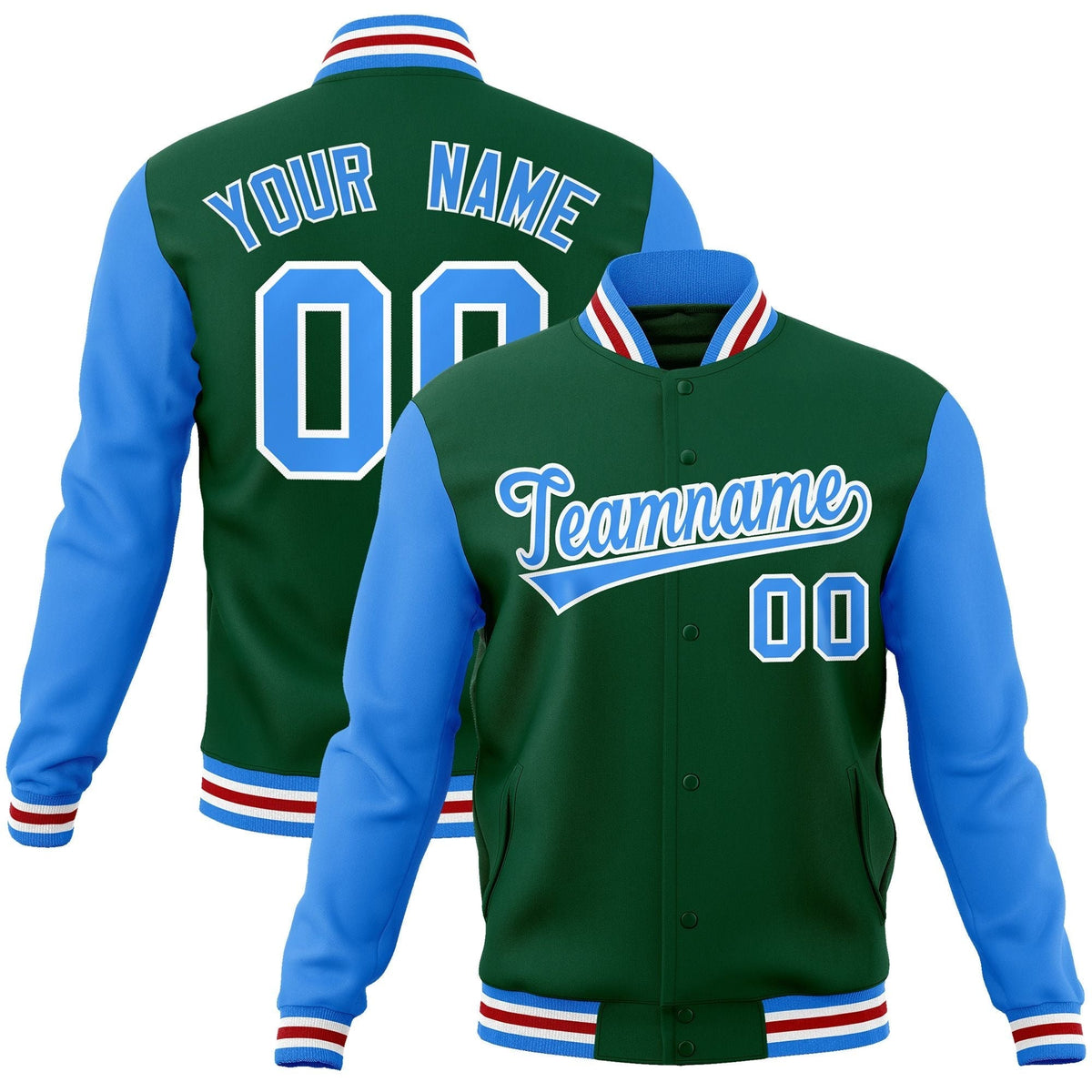 Custom Green Powder Blue-White Raglan Sleeves Varsity Full-Snap Letterman Jacket | KXKSHOP