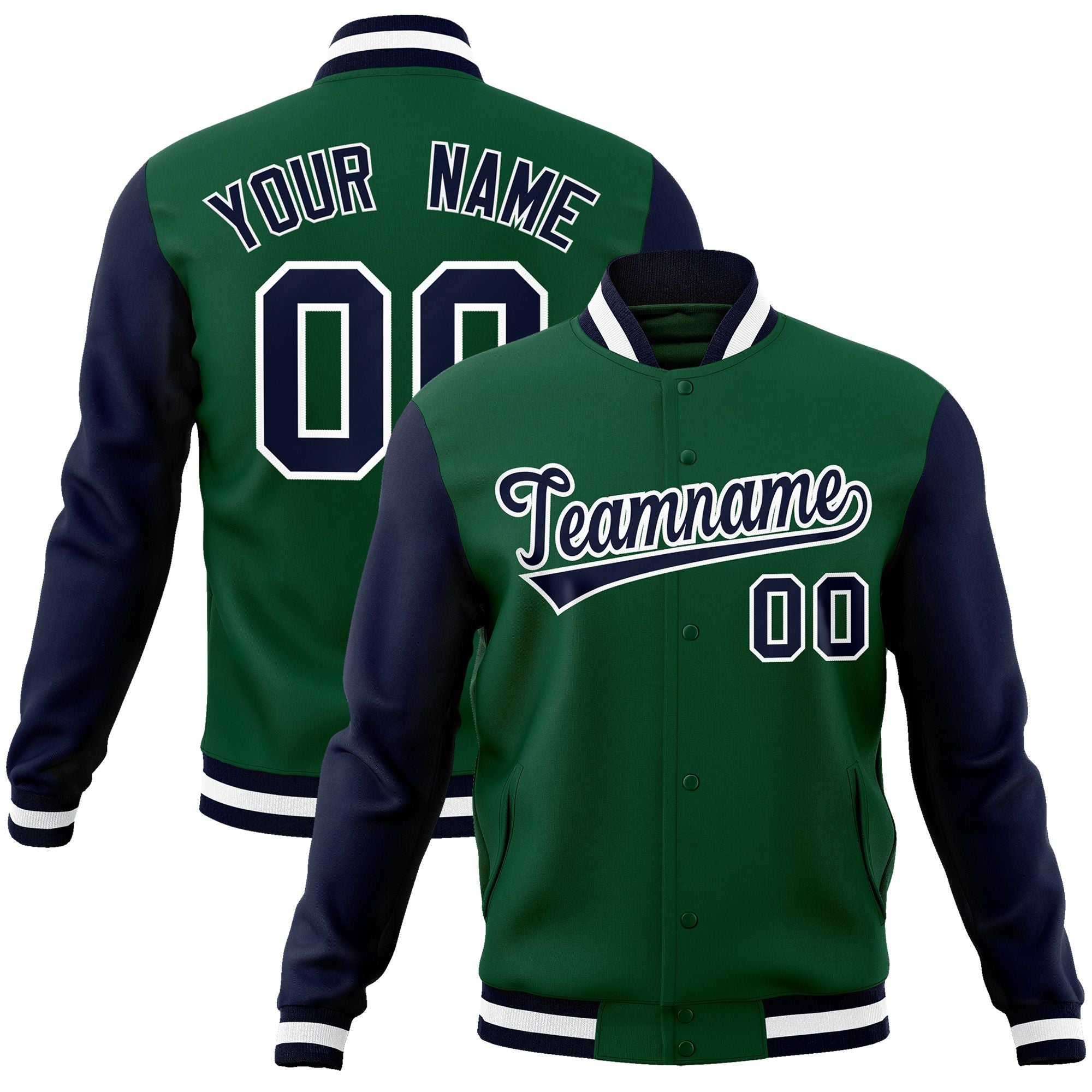 Custom Green Navy-White Raglan Sleeves Varsity Full-Snap Letterman Jacket | KXKSHOP