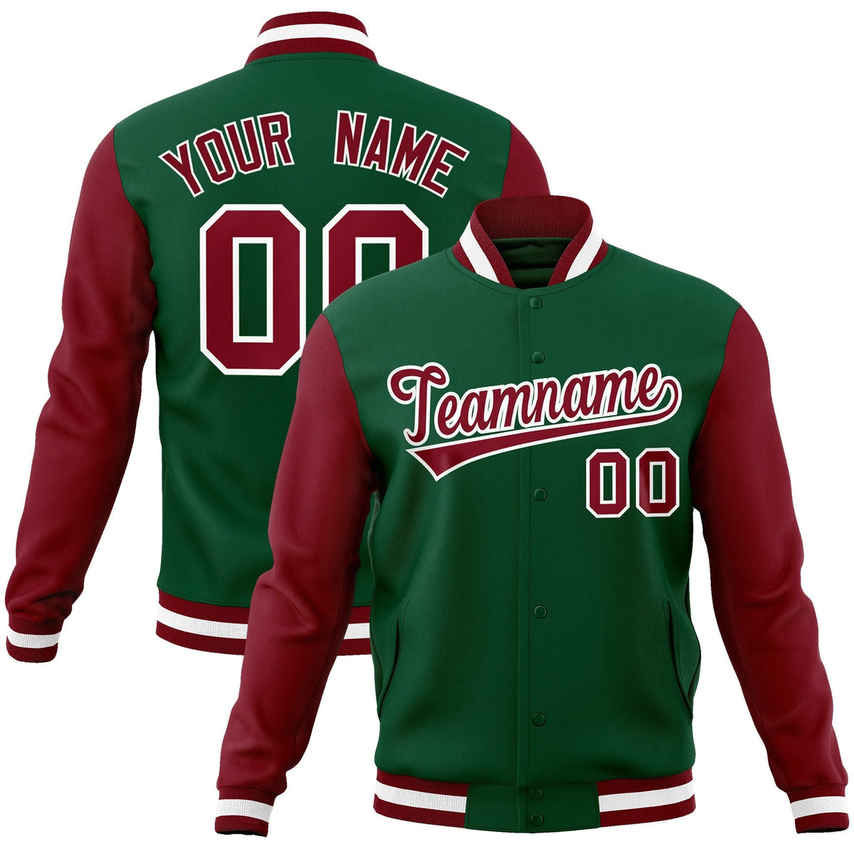 Custom Green Crimson-White Raglan Sleeves Varsity Full-Snap Letterman Jacket | KXKSHOP