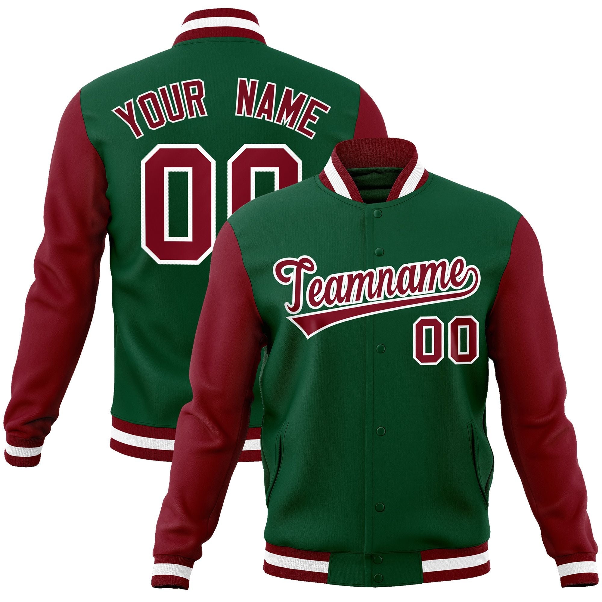 Custom Green Crimson-White Raglan Sleeves Varsity Full-Snap Letterman Jacket | KXKSHOP