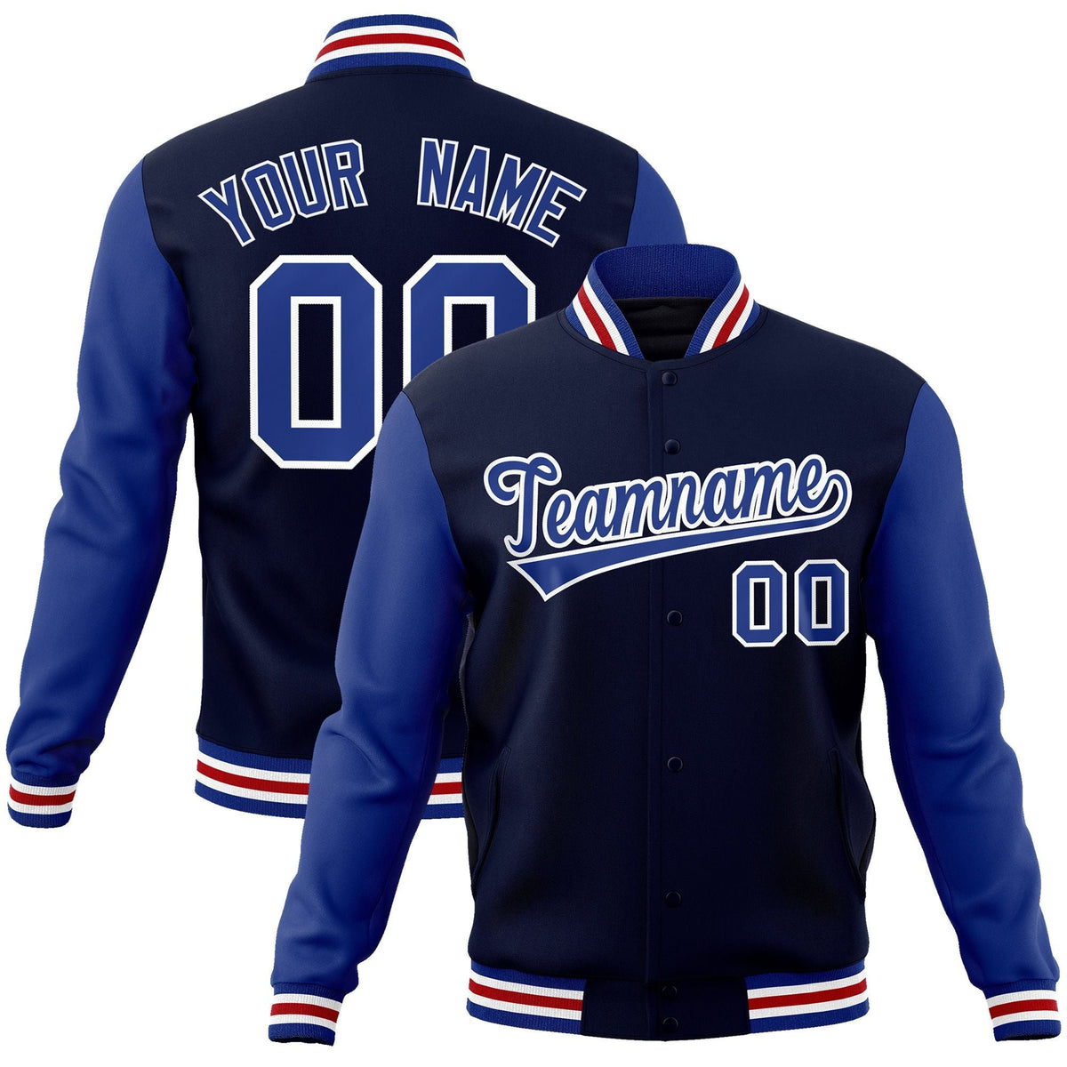 Custom Navy Royal-White Raglan Sleeves Varsity Full-Snap Letterman Jacket | KXKSHOP