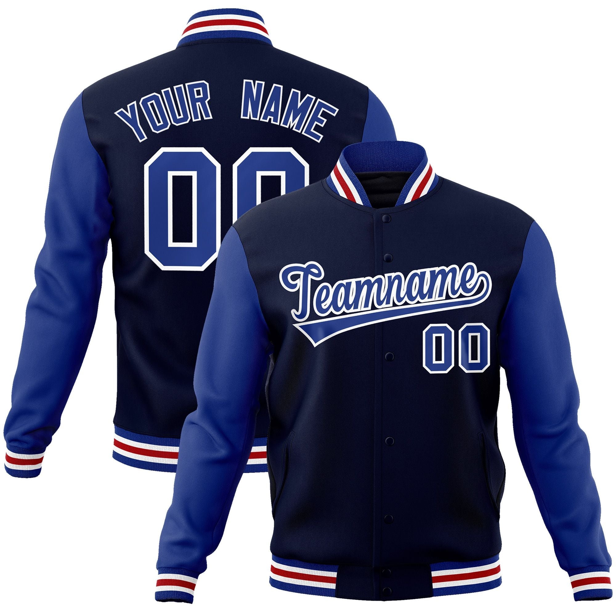 Custom Navy Royal-White Raglan Sleeves Varsity Full-Snap Letterman Jacket | KXKSHOP
