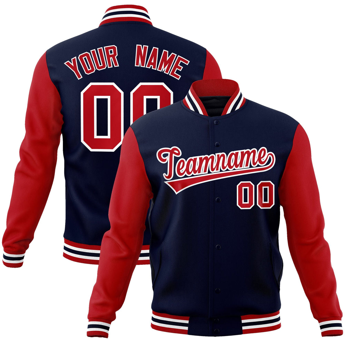 Custom Navy Red-White Raglan Sleeves Varsity Full-Snap Letterman Jacket | KXKSHOP