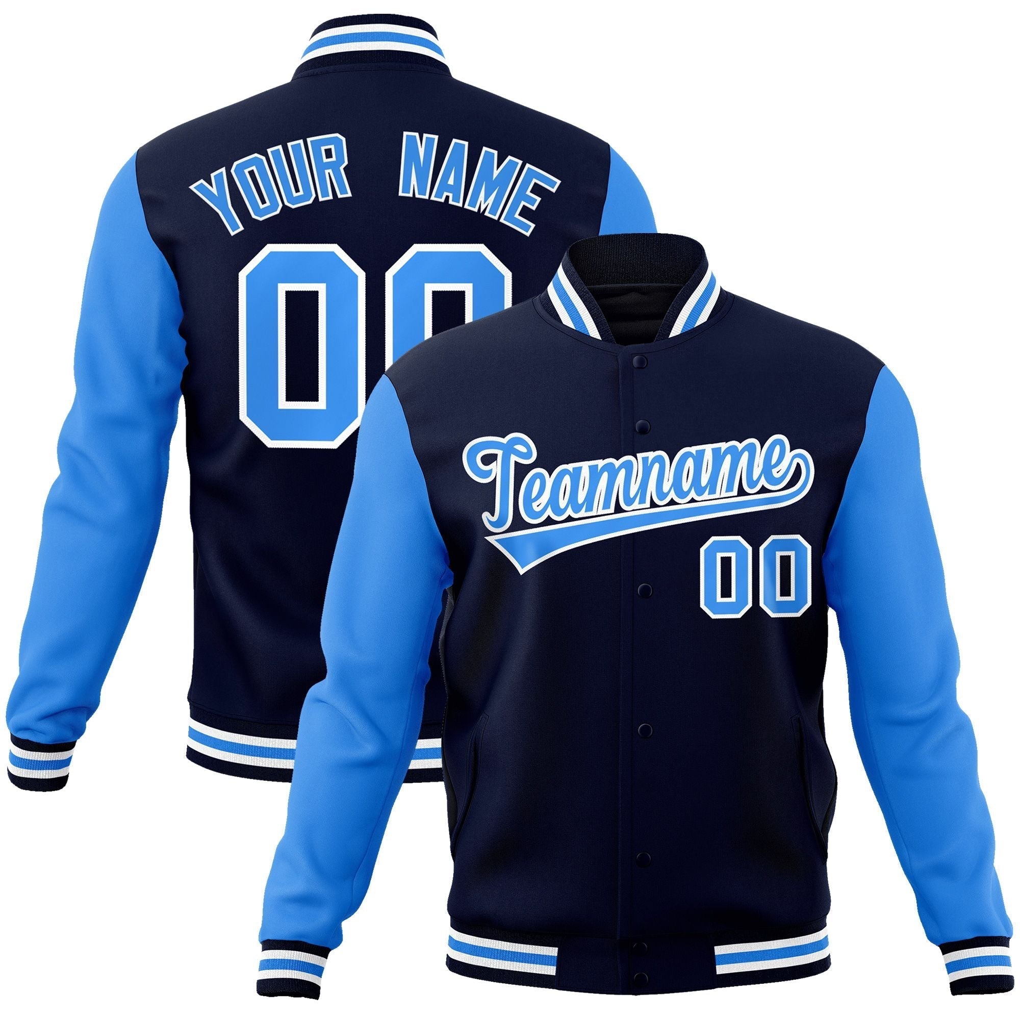 Custom Navy Powder Blue-White Raglan Sleeves Varsity Full-Snap Letterman Jacket | KXKSHOP