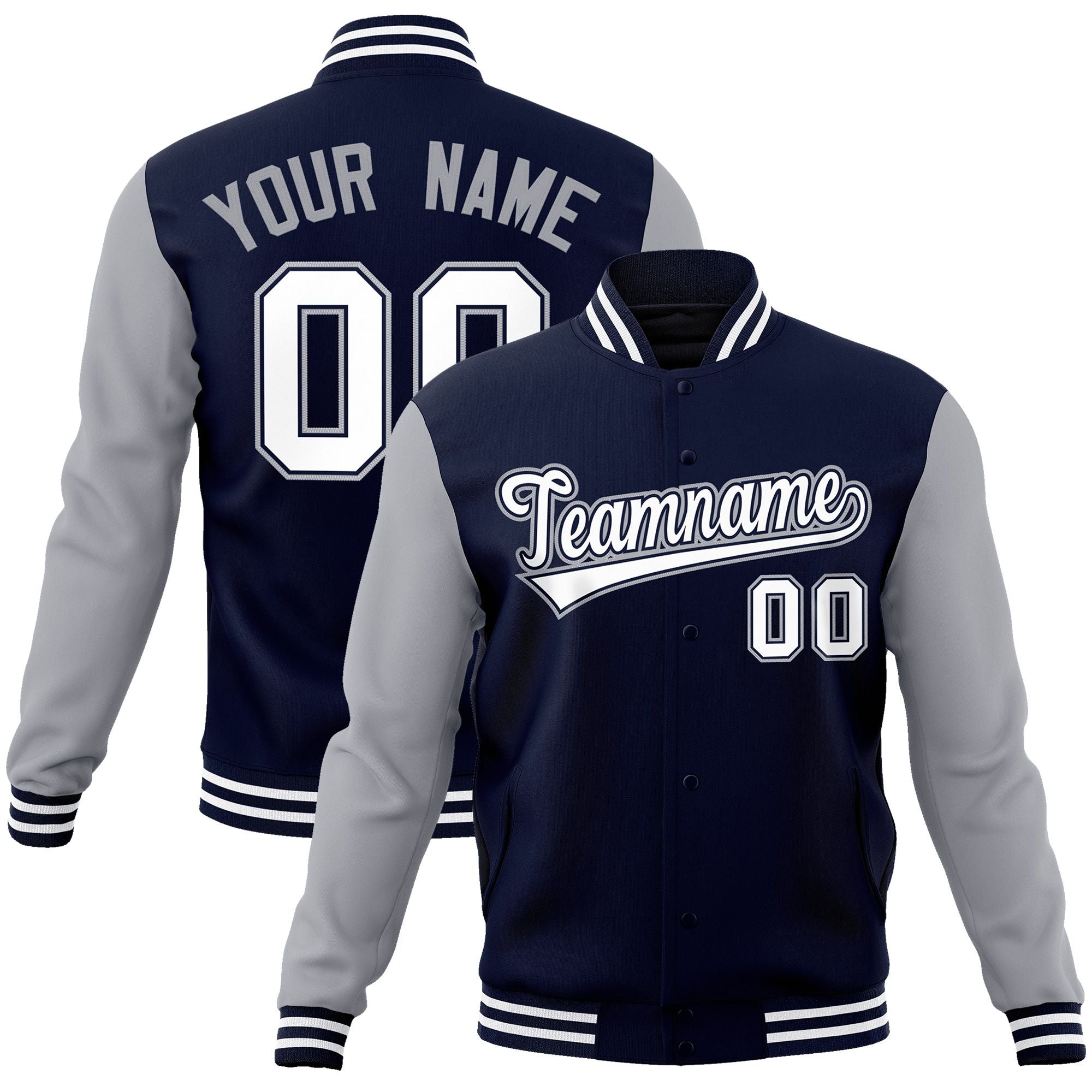 Custom Navy White-Navy Raglan Sleeves Varsity Full-Snap Letterman Jacket | KXKSHOP