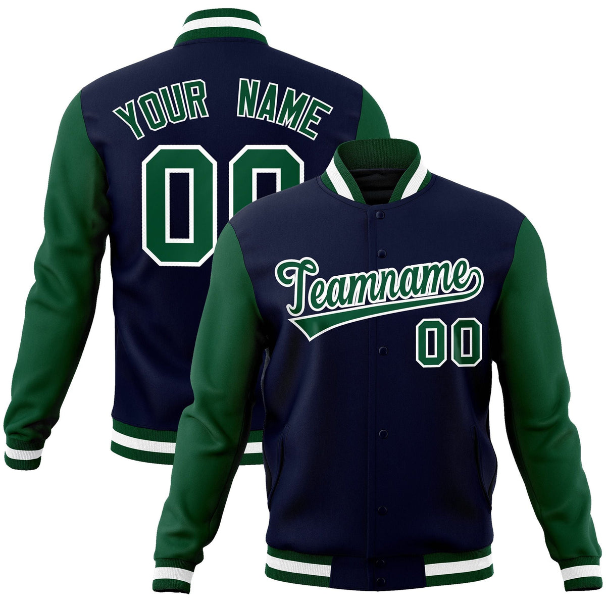Custom Navy Green-White Raglan Sleeves Varsity Full-Snap Letterman Jacket | KXKSHOP
