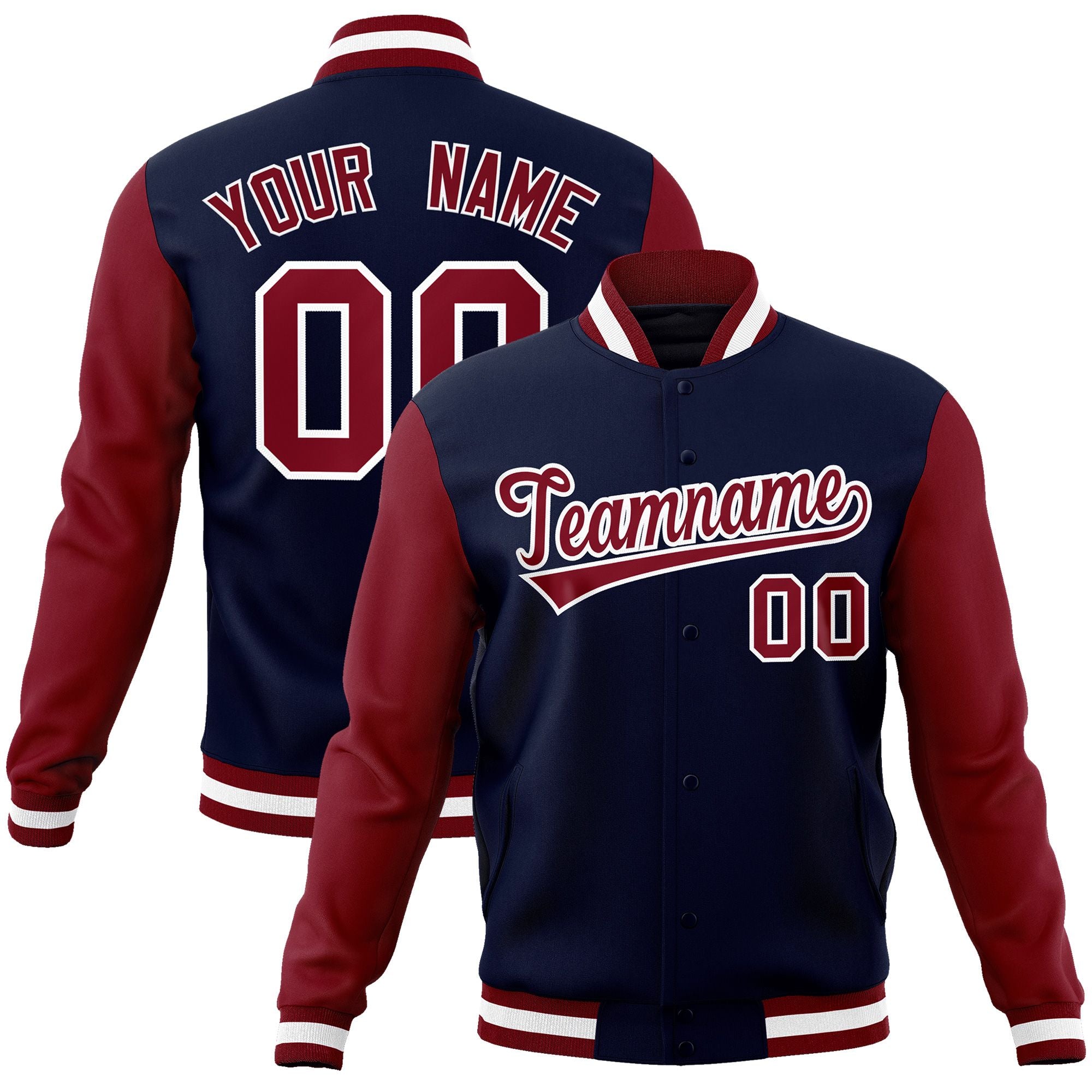 Custom Navy Crimson-White Raglan Sleeves Varsity Full-Snap Letterman Jacket | KXKSHOP