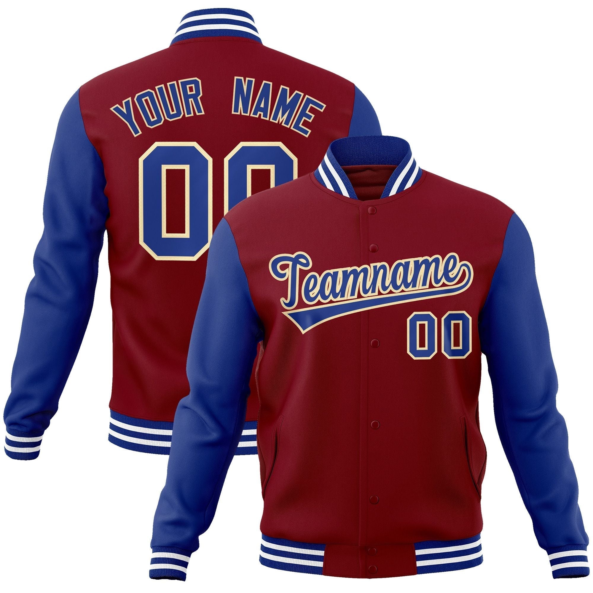 Custom Crimson Royal-Khaki Raglan Sleeves Varsity Full-Snap Letterman Jacket | KXKSHOP