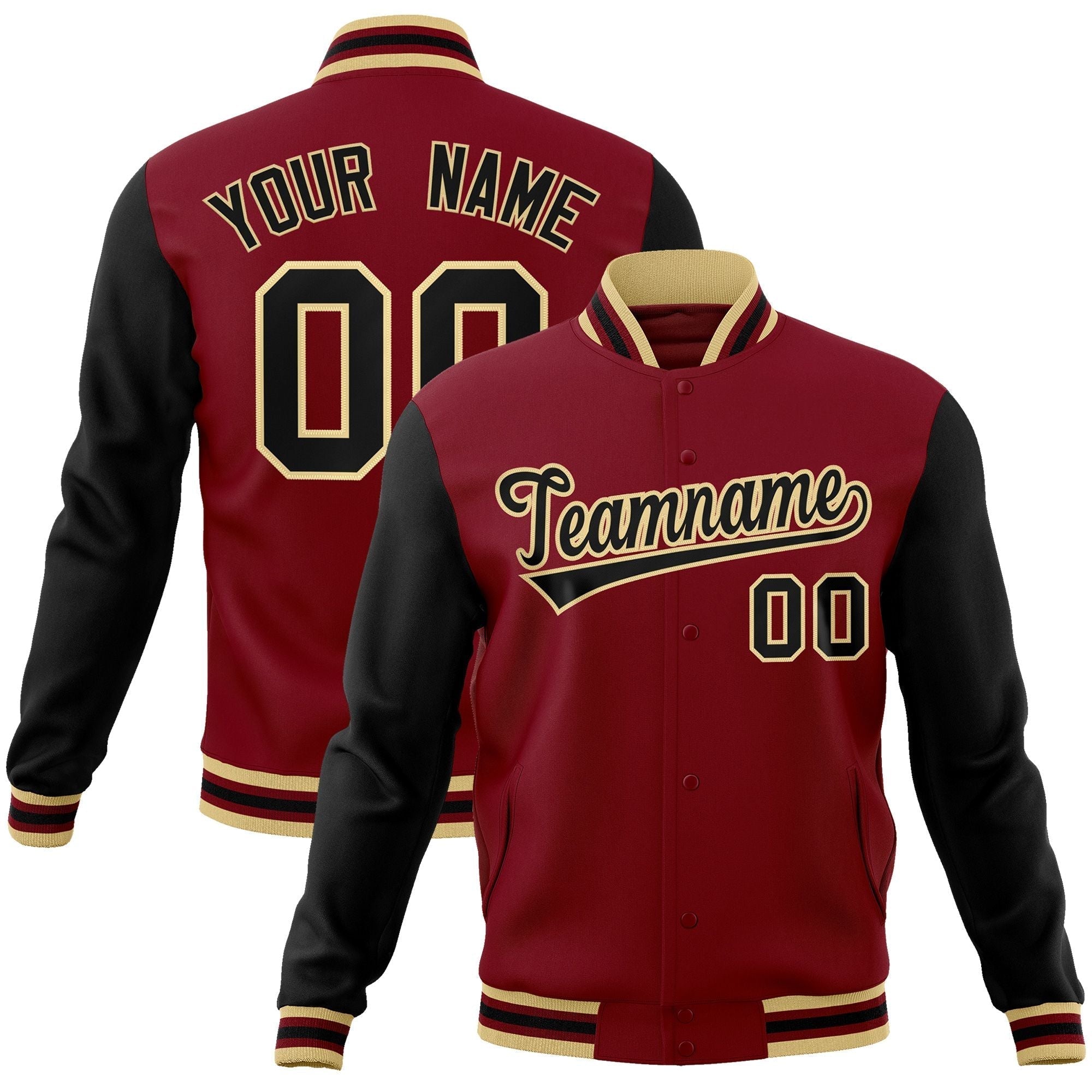 Custom Crimson Black-Khaki Raglan Sleeves Varsity Full-Snap Letterman Jacket | KXKSHOP
