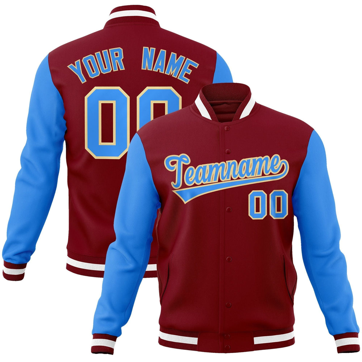 Custom Crimson Powder Blue-Khaki Raglan Sleeves Varsity Full-Snap Letterman Jacket | KXKSHOP