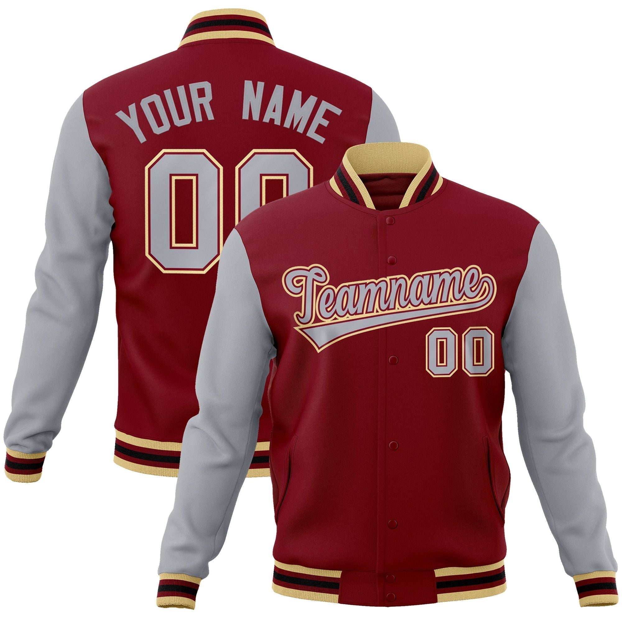 Custom Crimson Gray-Crimson Raglan Sleeves Varsity Full-Snap Letterman Jacket | KXKSHOP