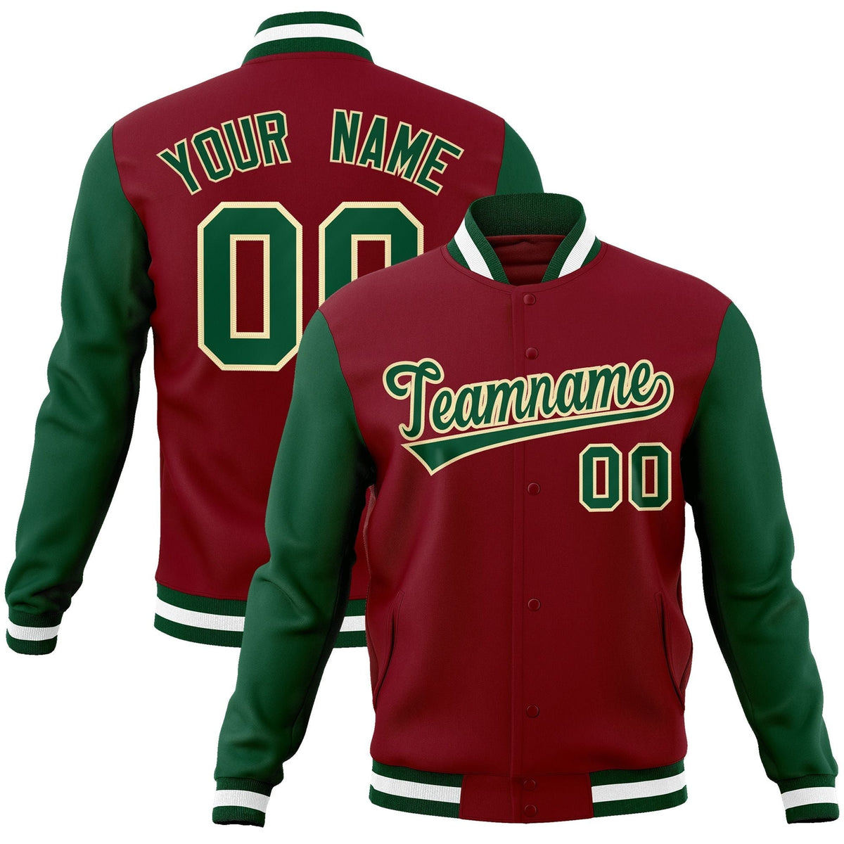 Custom Crimson Green-Khaki Raglan Sleeves Varsity Full-Snap Letterman Jacket | KXKSHOP