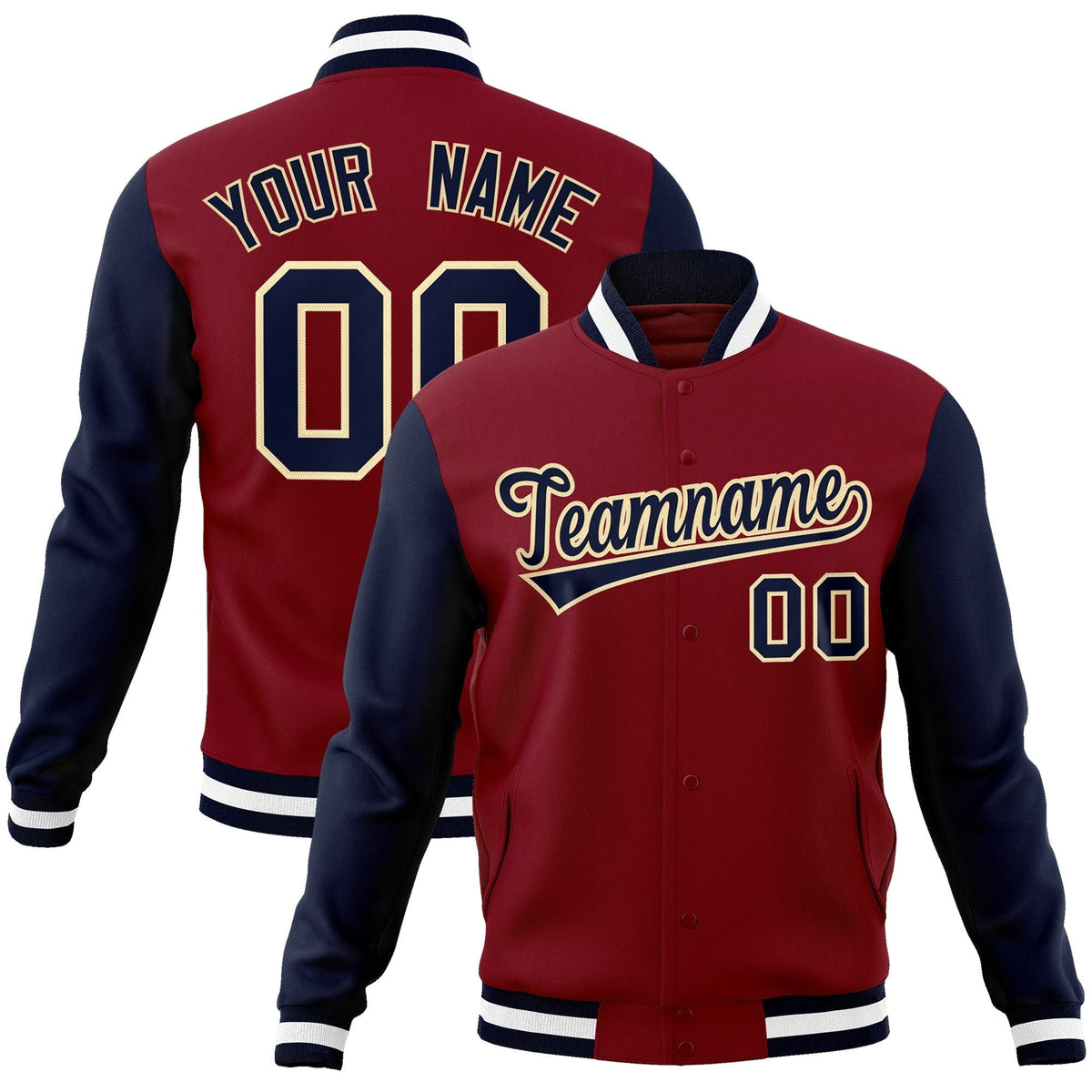 Custom Crimson Navy-Khaki Raglan Sleeves Varsity Full-Snap Letterman Jacket | KXKSHOP