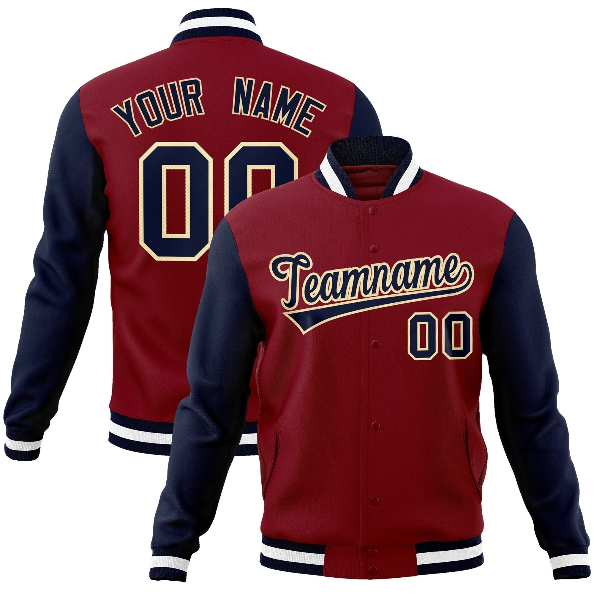 Custom Crimson Navy-Khaki Raglan Sleeves Varsity Full-Snap Letterman Jacket | KXKSHOP